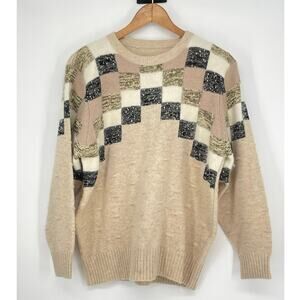 Vintage Cream Checkerboard Patterned Angora Wool Blend Sweater Grandpa‎ Heritage